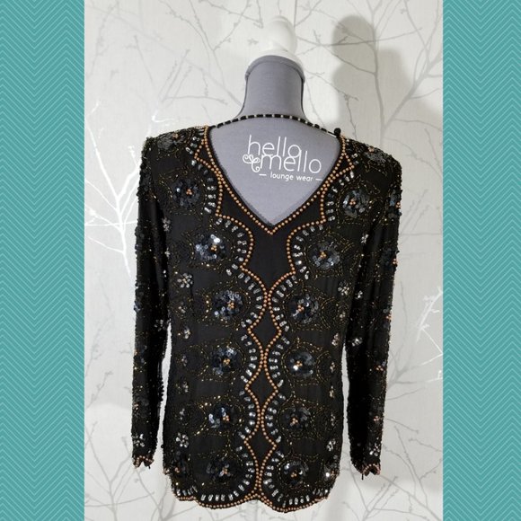 Oleg Cassini Vintage Beaded Sequined Silk Blouse - Picture 4 of 6